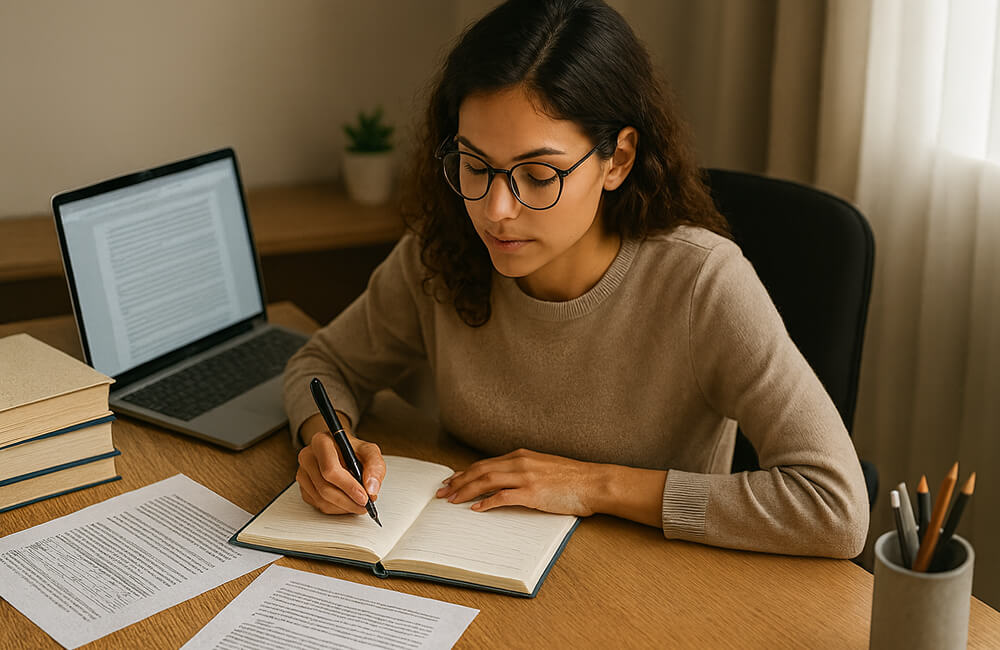 Étudiante rédigeant les annexes de son mémoire universitaire, entourée de documents et d’un ordinateur portable dans une ambiance studieuse et lumineuse.