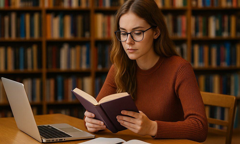 Étudiante concentrée en bibliothèque, lisant un livre devant son ordinateur portable pour élaborer le cadre conceptuel de son mémoire infirmier.