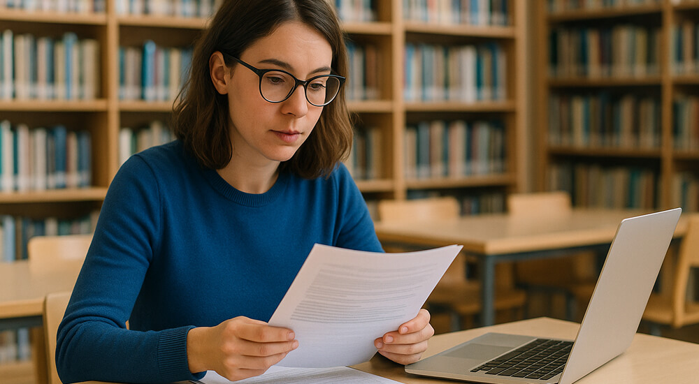 Étudiante relisant son mémoire à la bibliothèque, document académique à la main et ordinateur portable sur la table