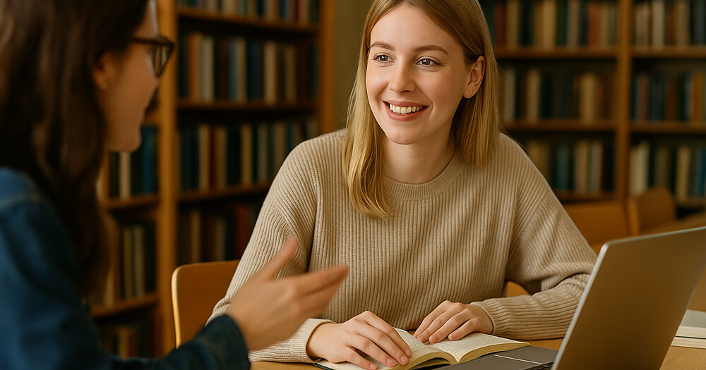 Étudiante française travaillant sur le mémoire et faisant des recherches avec une amie dans une bibliothèque universitaire