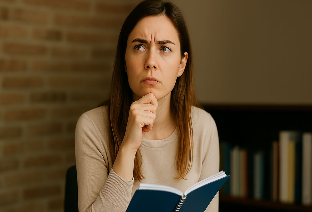 Étudiante réfléchissant à son mémoire, assise dans un bureau universitaire, tenant un carnet bleu et écoutant attentivement les conseils de son directeur, dans une ambiance studieuse et bienveillante.