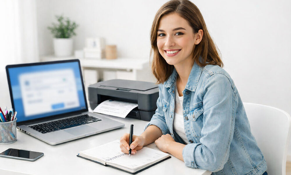 Étudiante souriante assise à un bureau lumineux, ordinateur portable avec écran flouté et imprimante en fonctionnement, ambiance épurée.