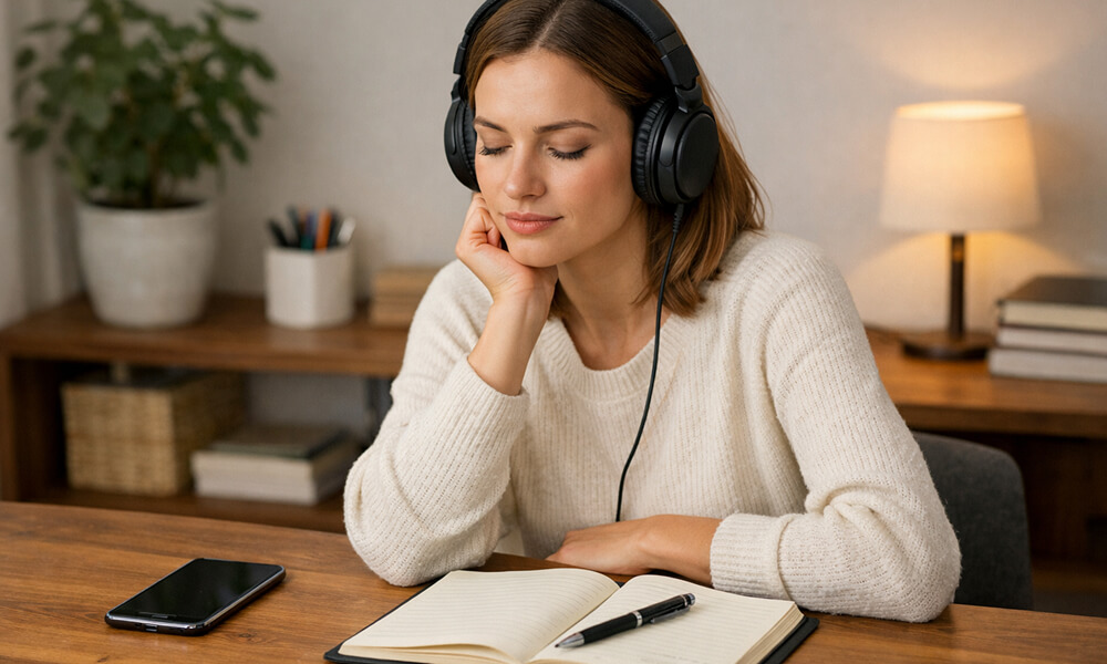 Femme assise à un bureau, portant un casque audio et écoutant un enregistrement, avec carnet de notes, stylo et smartphone sur un espace de travail calme et organisé.