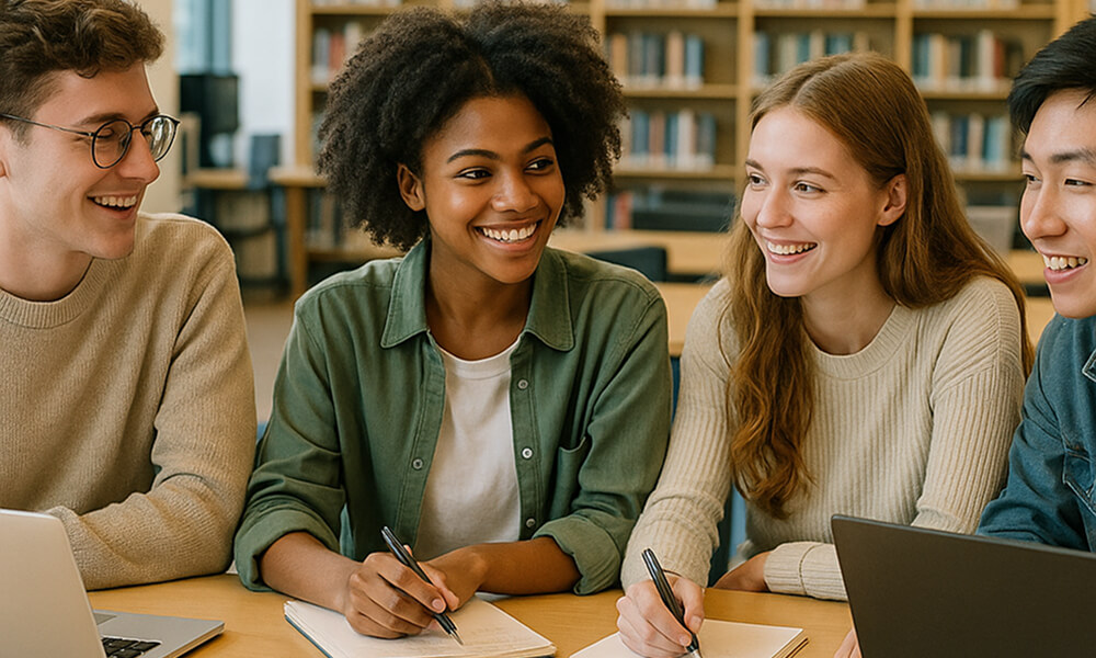 Groupe de quatre jeunes adultes étudiants, hommes et femmes de différentes origines, travaillant ensemble autour d’une table dans une bibliothèque moderne, avec livres ouverts et ordinateurs portables, dans une ambiance studieuse et lumineuse.