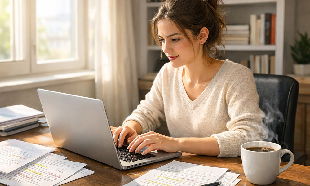Jeune chercheuse assise à son bureau, tapant sur un ordinateur portable, entourée de feuilles annotées et d’une tasse de café fumante, éclairée par une lumière naturelle.