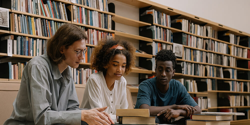 Trois étudiants de différentes origines révisant ensemble autour d’une table dans une bibliothèque, entourés d’étagères remplies de livres.