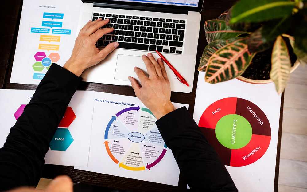 Vue aérienne d’un bureau avec une personne travaillant sur un ordinateur portable entouré de graphiques marketing et de documents d’analyse.