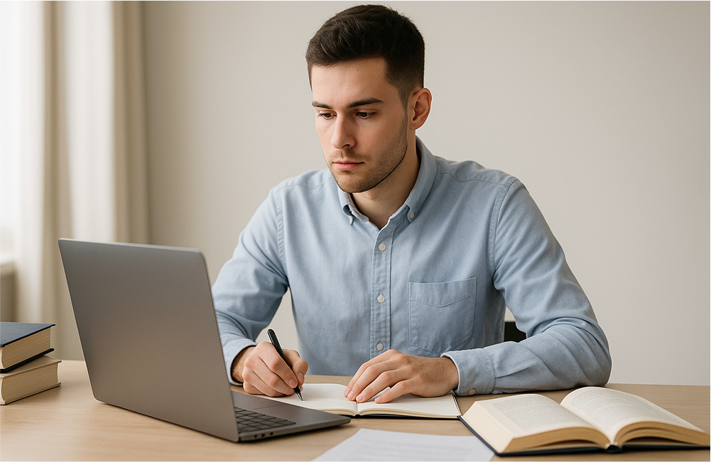 Étudiant rédigeant les limites de son mémoire universitaire sur ordinateur portable, avec livres et notes, ambiance studieuse.