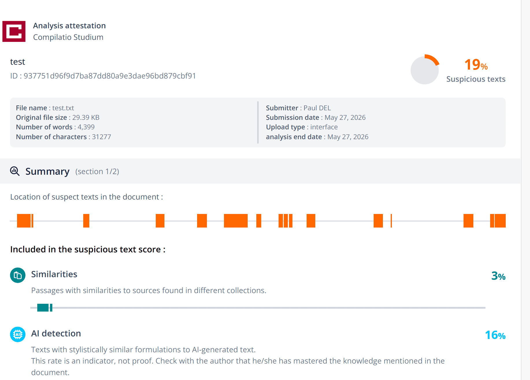Exemple de rapport d’analyse anti-IA Compilatio Studium