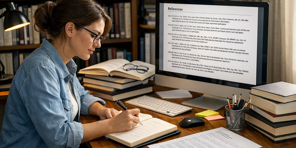 Chercheuse analysant des références bibliographiques sur un écran d’ordinateur, entourée d’ouvrages universitaires, prenant des notes pour structurer la partie théorique d’un mémoire de recherche.