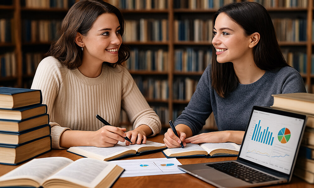 Deux étudiantes discutent ensemble dans une bibliothèque, entourées de livres et d’un ordinateur affichant des graphiques, en train de prendre des notes pour un travail de recherche.