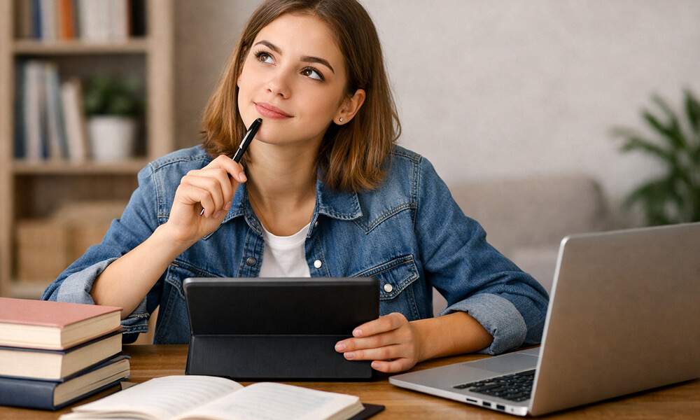 Étudiante assise à un bureau, tenant un stylo et réfléchissant à l’organisation de ses idées, avec une tablette, un ordinateur portable et des livres pour structurer son travail universitaire.