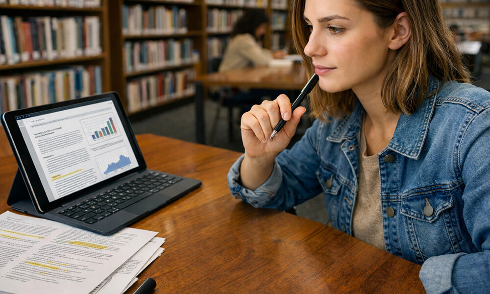 Étudiante concentrée travaillant dans une bibliothèque universitaire, devant une tablette affichant des documents de recherche et des graphiques, symbolisant l’organisation, la méthodologie et la planification du travail académique.