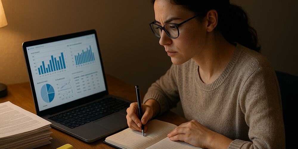 Étudiante en master analysant des données pour son mémoire, assise à un bureau avec ordinateur portable affichant des graphiques, carnet de notes, articles scientifiques et tasse de café dans une ambiance de travail calme.