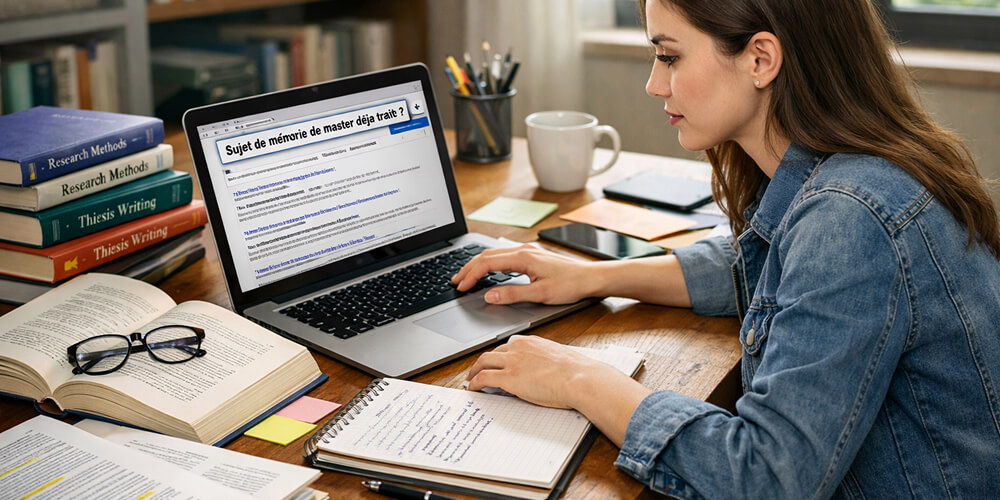 Étudiante en master effectuant des recherches académiques sur son ordinateur portable pour vérifier l'originalité de son sujet de mémoire, avec livres académiques et notes de méthodologie sur le bureau