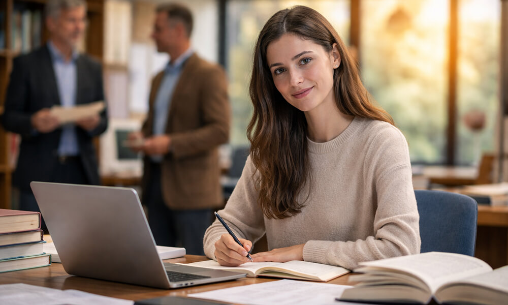 Étudiante en rédaction de mémoire assise à un bureau universitaire avec ordinateur, livres et documents, devant deux professeurs flous en arrière-plan évoquant un changement de directeur de mémoire.