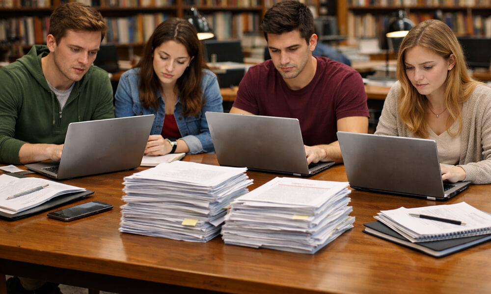 Groupe d’étudiants travaillant autour d’une grande table de bibliothèque avec plusieurs ordinateurs portables ouverts et deux piles de documents au centre.