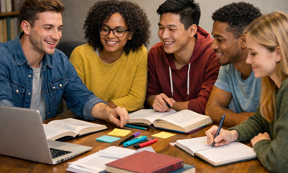 Groupe d’étudiants travaillant ensemble autour d’une table, échangeant des idées et prenant des notes avec des livres, un ordinateur portable et des cahiers, illustrant un travail collaboratif universitaire.