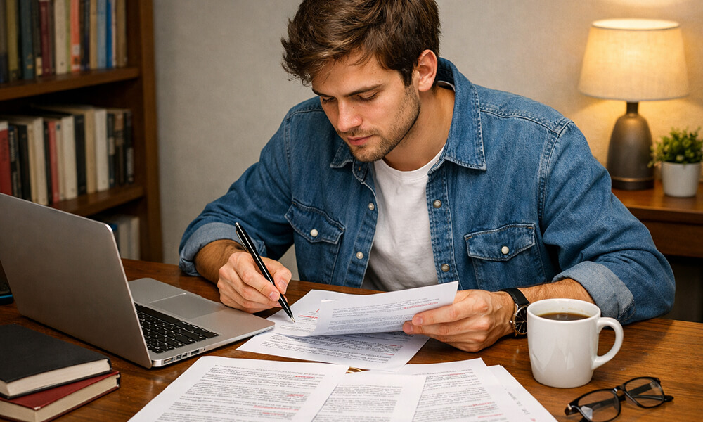 Étudiant assis à un bureau, relisant et annotant les pages imprimées de son mémoire avec un stylo, devant un ordinateur portable, dans un espace de travail calme avec livres et tasse de café.