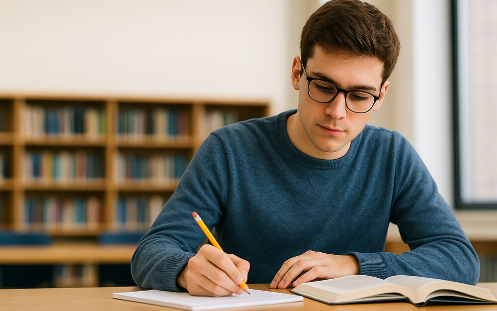 Étudiant concentré écrivant des notes dans un cahier tout en consultant un livre ouvert dans une bibliothèque universitaire.