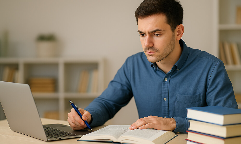 Étudiant concentré effectuant des recherches académiques sur un ordinateur portable, entouré de livres ouverts dans une bibliothèque universitaire.
