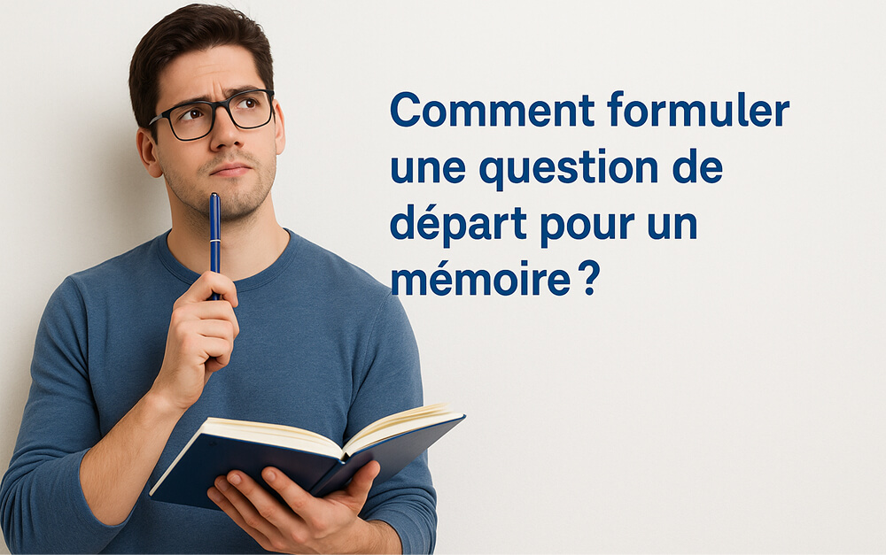 Étudiant réfléchissant à comment formuler la question de départ de son mémoire avec un carnet et un stylo