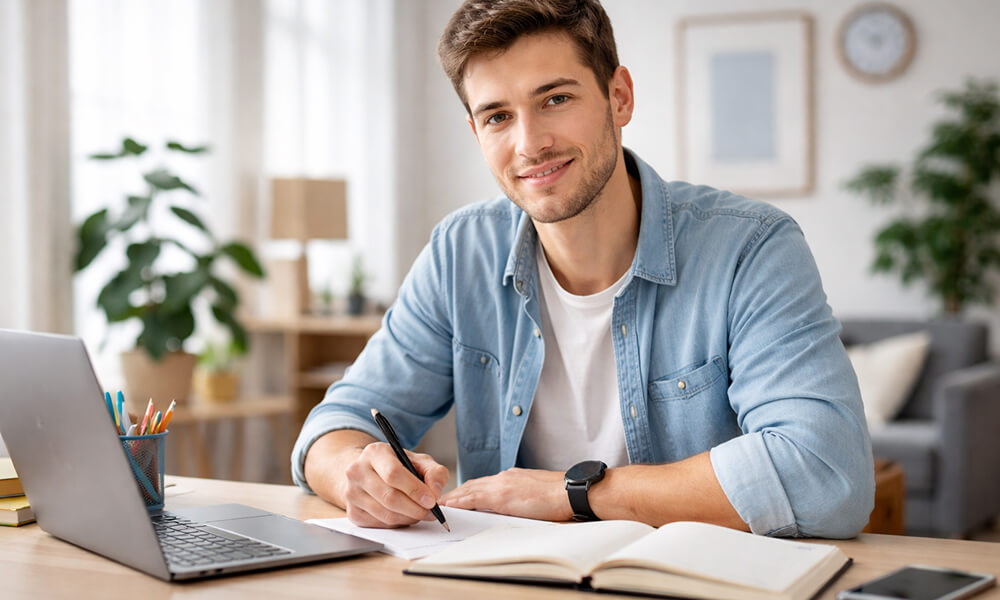 Étudiant souriant assis à un bureau, prenant des notes à côté d’un ordinateur portable, dans une ambiance calme et studieuse