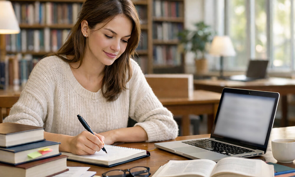 Étudiante assise dans une bibliothèque lumineuse, en train de rédiger l’introduction de son mémoire dans un carnet, avec un ordinateur portable à l’écran flouté et des livres ouverts sur le bureau.