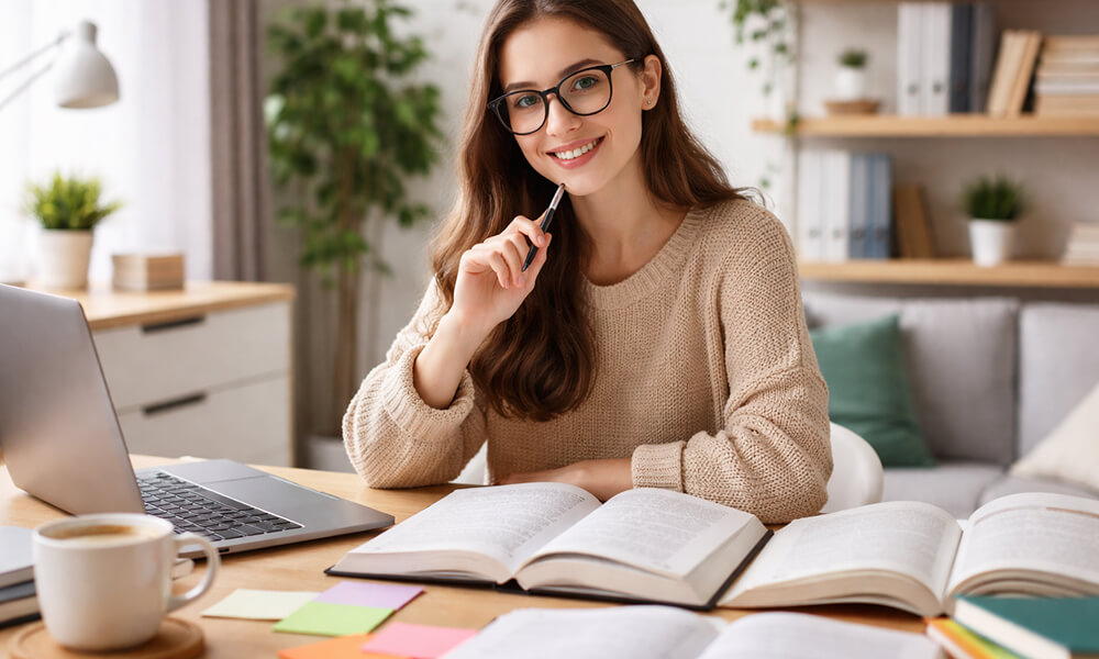 Étudiante au bureau avec ordinateur portable et livres académiques ouverts, stylo en main, ambiance studieuse et lumineuse.