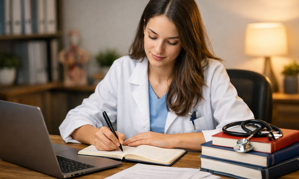 Étudiante en médecine assise à un bureau, prenant des notes dans un carnet devant un ordinateur portable, entourée de livres médicaux et d’un stéthoscope, en train d’organiser la rédaction de son mémoire de médecine.