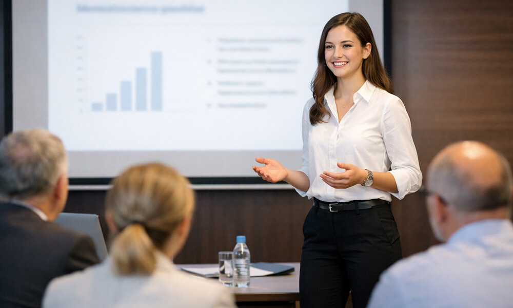 Étudiante présentant son mémoire devant un jury avec écran de projection lors d’une soutenance orale universitaire