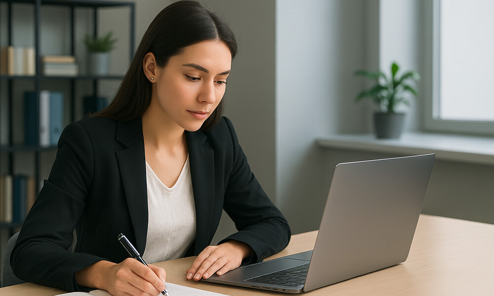 Étudiante travaillant sur l’introduction d’un chapitre de mémoire devant son ordinateur dans un bureau moderne.