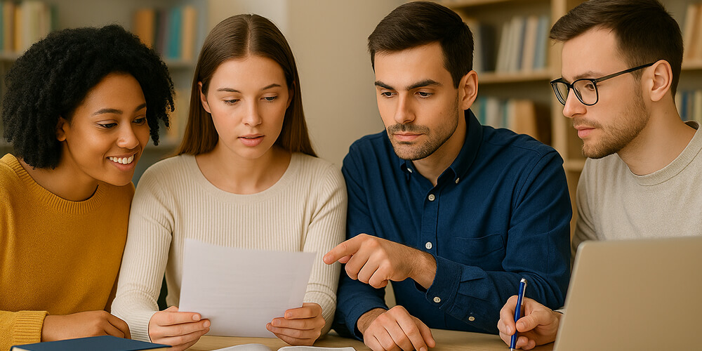 Groupe d’étudiants en master discutant de références bibliographiques pour un mémoire, livres ouverts et ordinateur portable en bibliothèque.