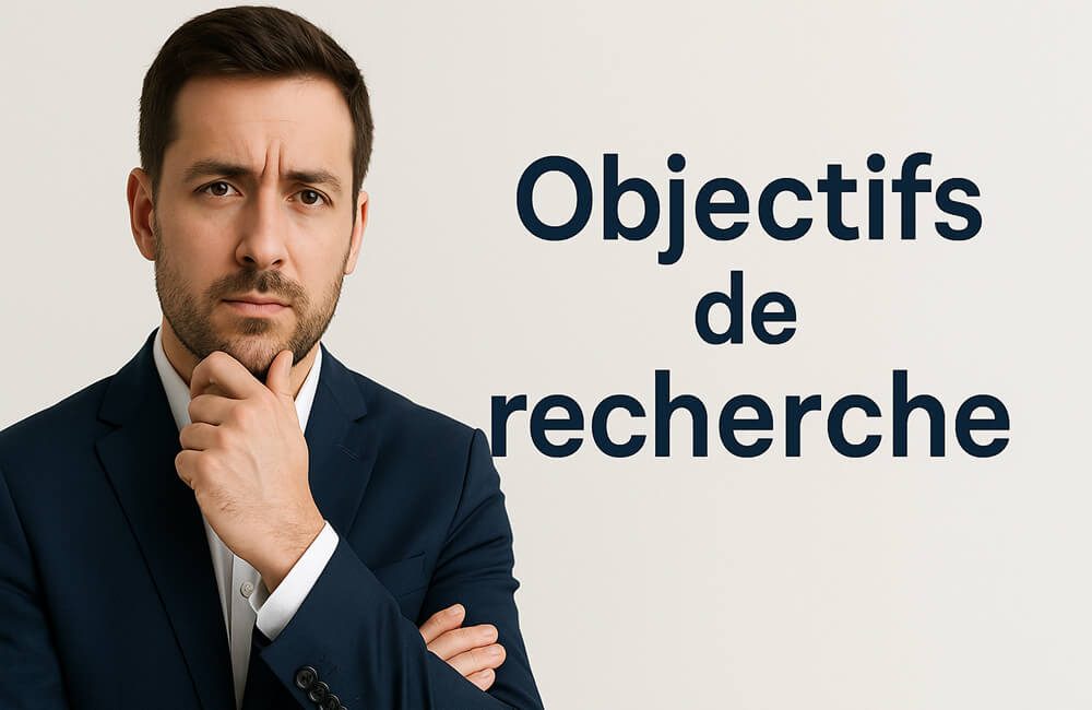 Homme concentré en costume bleu marine, posant avec la main sur le menton devant un fond clair, à côté du texte « Objectifs de recherche », illustrant la réflexion académique et la planification méthodologique d’un mémoire universitaire.