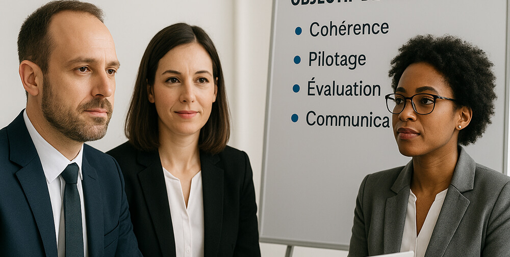 Trois chercheurs en tenue professionnelle discutent d’objectifs de recherche devant un tableau blanc affichant les mots « Cohérence, Pilotage, Évaluation, Communication » dans une salle de réunion lumineuse.