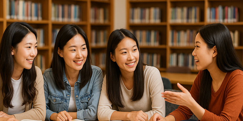 Discussion entre jeunes étudiantes asiatiques collaborant sur un travail de recherche à la bibliothèque.