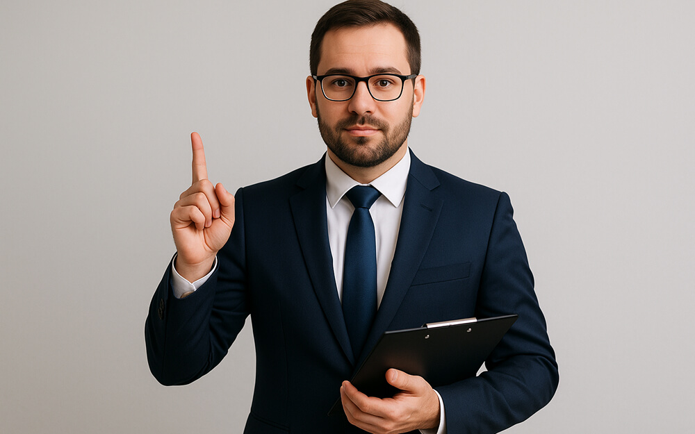 Cadre ou étudiant en costume bleu marine, tenant un bloc-notes et levant l’index sur fond gris clair, illustrant la posture sérieuse et professionnelle liée à la rédaction du cadre théorique d’un mémoire.