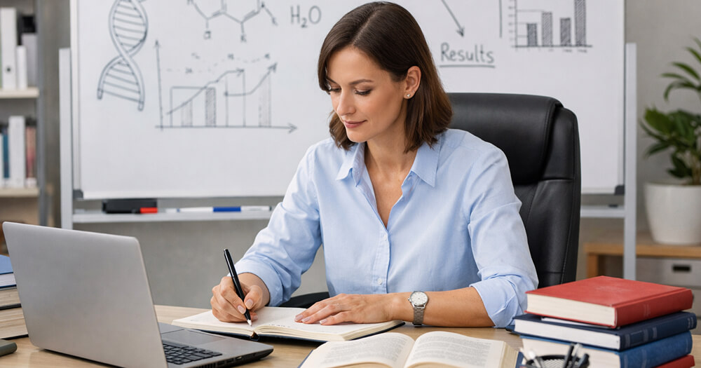 Chercheuse assise à un bureau moderne, prenant des notes devant son ordinateur, entourée de livres scientifiques dans un environnement lumineux et organisé.