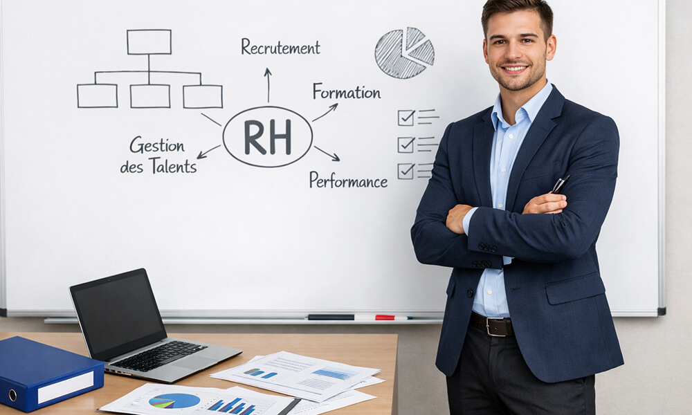 Étudiant en ressources humaines en tenue professionnelle devant un tableau blanc RH, ordinateur portable et documents d’analyse sur bureau.
