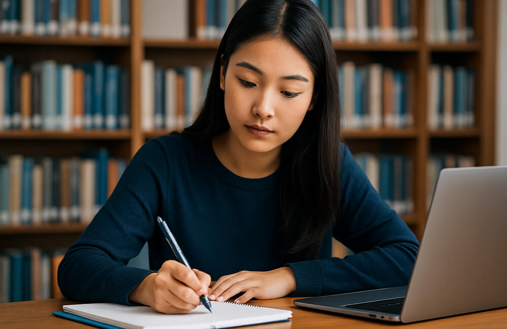 Étudiante asiatique en bibliothèque écrivant son mémoire avec un ordinateur portable, ambiance académique et studieuse
