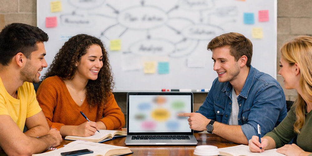 Étudiants travaillant en groupe autour d’une table avec livres et cahiers, un ordinateur portable à l’écran flouté, discussion et prise de notes devant un tableau blanc.