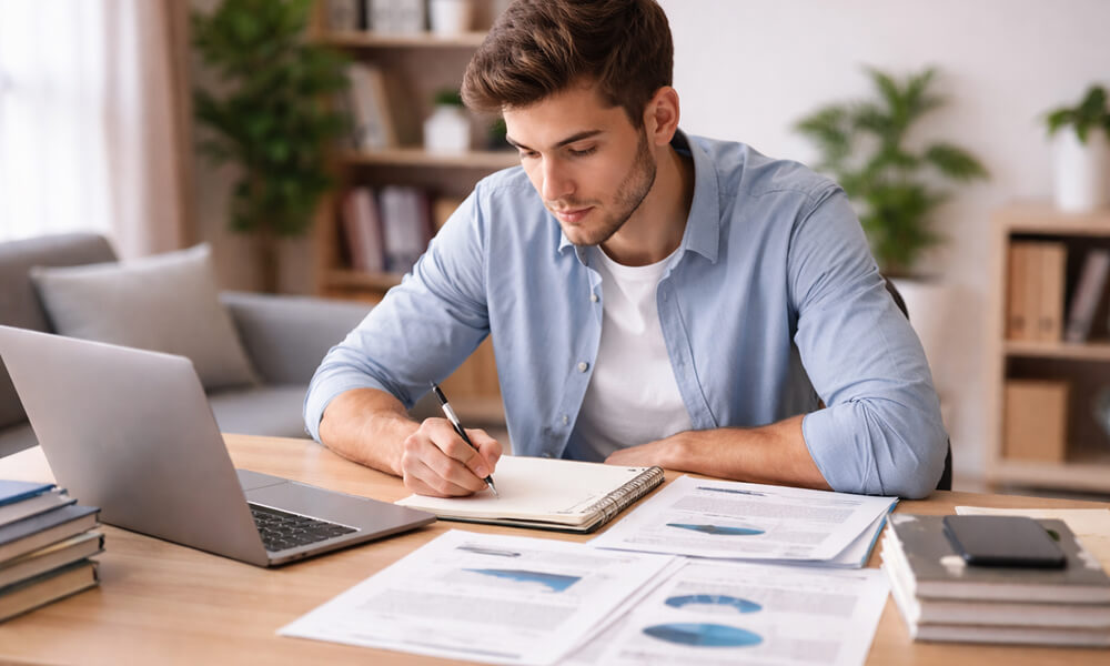 Jeune homme en chemise bleue prenant des notes dans un carnet, entouré de documents avec graphiques et d'un ordinateur portable, dans un espace de travail à domicile lumineux
