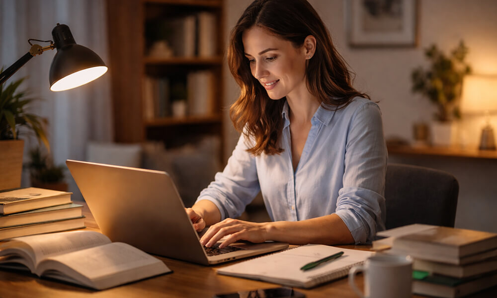 Personne assise à un bureau en train d’écrire sur un ordinateur portable, entourée de livres ouverts et de notes, sous la lumière douce d’une lampe de bureau.