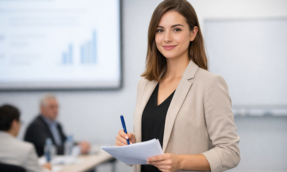 Étudiante en soutenance de mémoire, debout devant une présentation projetée, tenant des notes et un stylo, face au jury en salle de conférence.