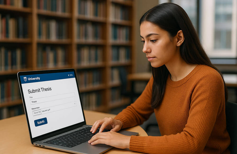 Étudiante soumet son mémoire sur la plateforme universitaire, ordinateur portable ouvert en bibliothèque.