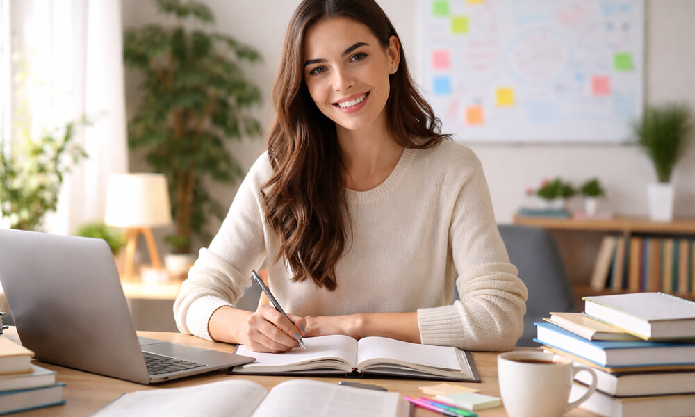 Étudiante souriante rédigeant un mémoire de recherche sur ordinateur portable, prise de notes et livres sur le bureau