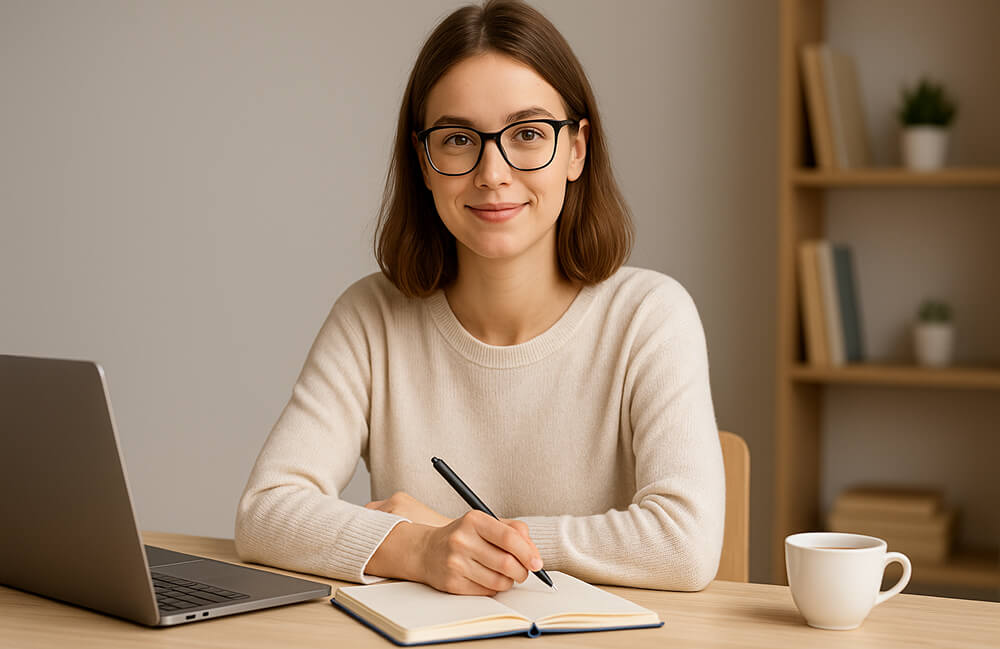 Jeune femme souriante portant des lunettes, écrivant dans un carnet devant un ordinateur portable, assise à un bureau dans un espace de travail calme
