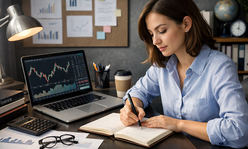 Étudiante en finance assise à un bureau, prenant des notes dans un cahier devant un ordinateur portable affichant des graphiques financiers, dans un environnement de travail studieux et analytique.