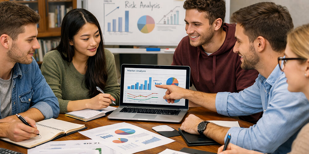 Groupe d’étudiants en finance travaillant ensemble dans une salle d’étude, analysant des graphiques financiers sur ordinateur portable et échangeant des idées de sujets de mémoire en finance.