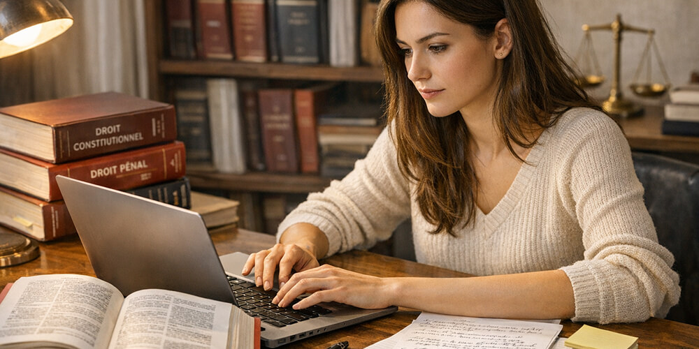 Étudiante en droit assise à son bureau, rédigeant l’introduction de son mémoire juridique sur un ordinateur portable, entourée de livres de droit, d’un code juridique ouvert et de notes manuscrites, dans une ambiance studieuse et académique.